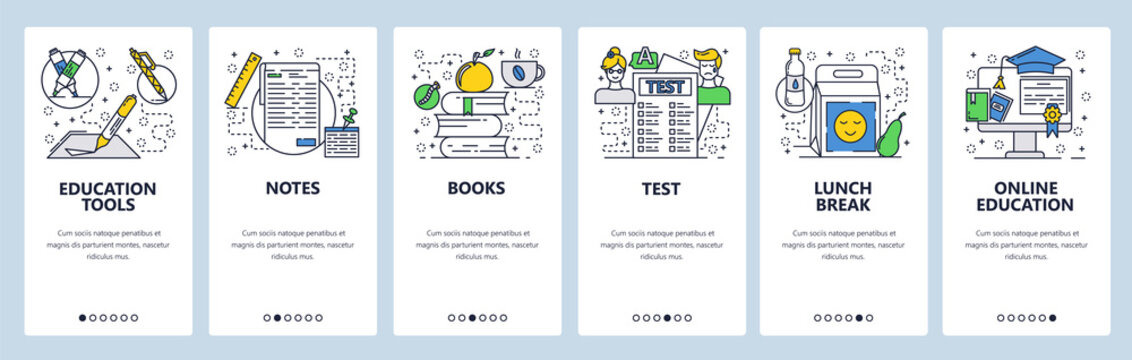 Vector Web Site Linear Art Onboarding Screens Template. Online Education And School Books, Test, Lunch Break. Menu Banners For Website And Mobile App Development. Modern Design Flat Illustration.