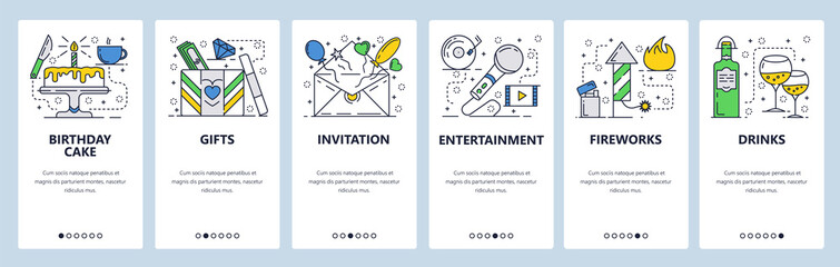 Vector web site linear art onboarding screens template. Birthday party, cake, gfts, fireworks and drinks. Birthday invitation card. Menu banners for website and mobile app development. Modern design