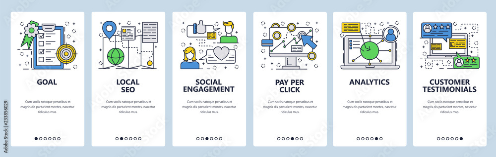 Poster vector web site linear art onboarding screens template. digital marketing, seo, ppc and social analy