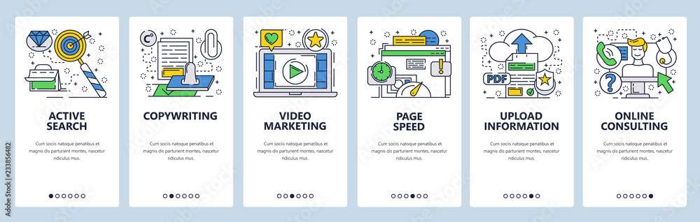 Aufkleber vector web site linear art onboarding screens template. video marketing, upload files and online cus