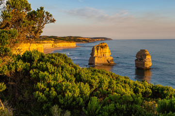 The rock stacks that comprise the Twelve Apostles at sunset in Port Campbell National Park. Great...