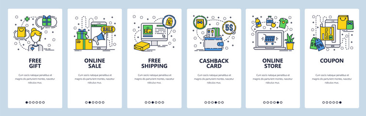 Obraz premium Szablon ekranów onboarding liniowej grafiki wektorowej witryny sieci web. Zakupy online, wyprzedaże i promocje, usługi cashback i płatności. Banery menu do tworzenia stron internetowych i aplikacji mobilnych. Nowoczesny design