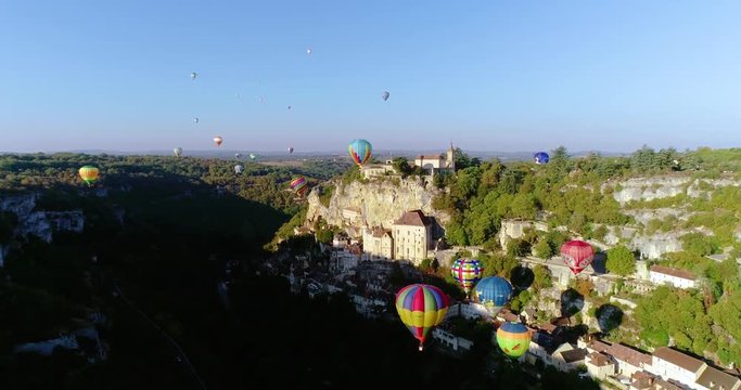 balloon in the sky over the village of Rocamadour, France