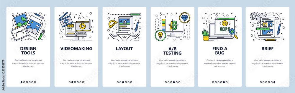 Poster vector web site linear art onboarding screens template. graphic design and art, video production and
