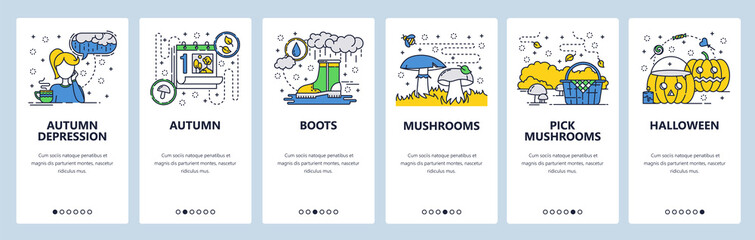 Vector web site linear art onboarding screens template. Autumn season, rain, forest mushrooms. Menu banners for website and mobile app development. Modern design flat illustration.