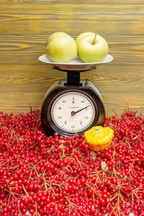 Тарелка с яблоками лежит на весах.