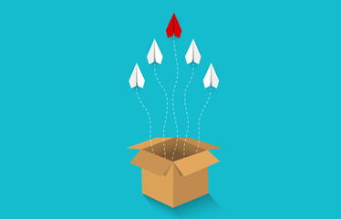Paper plane are competing from the brown box go to destination up to the sky go to success goal. business financial concept. leadership. creative idea. illustration vector. start up.