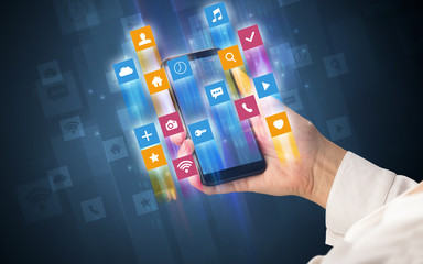 Female hand using smartphone with colorful angular fast switching application icons around