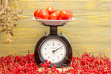 Тарелка с помидорами установлена на весах.