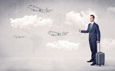 Fototapeta na wymiar Businessman hitchhiking with flying airplanes cloud and map concept 