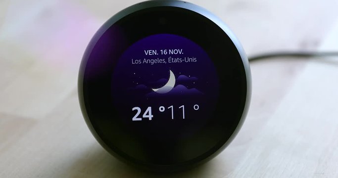 Personal Smart Assistant Showing The Weather Forecast Temperature Of Los Angeles, California (USA) On Screen, Close Up View - DCi 4K Resolution