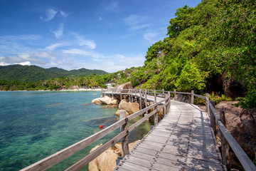 Fototapeta premium Bright beautiful tropical landscape, wooden walkway along the seashore