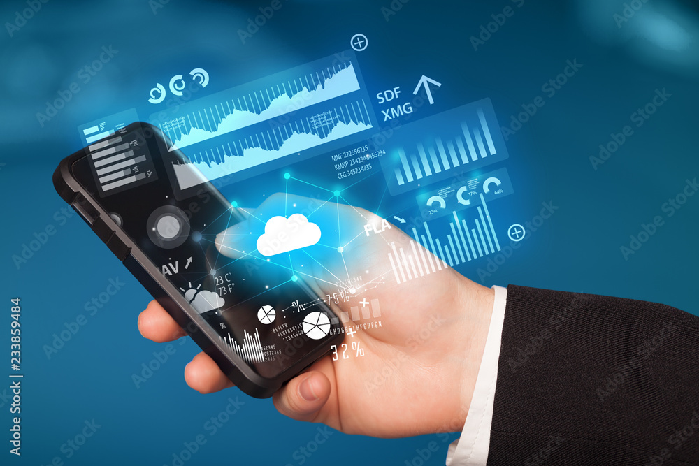 Poster hand using phone with cloud technology and linked information concept