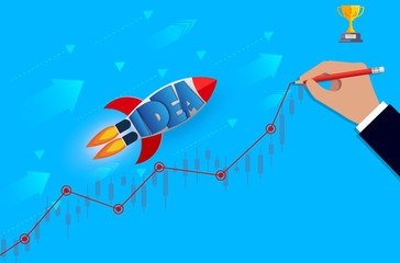 Fototapeta na wymiar space shuttle launches go to the goal on graph line with hand drawn to achieve success on blue background. go to target growth. leadership. creative idea. business concept. cartoon vector Illustration
