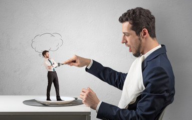 Big businessman want to eat small man with cloud messages above his head

