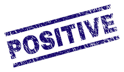 POSITIVE seal stamp with distress style. Blue vector rubber print of POSITIVE text with dust texture. Text caption is placed between parallel lines.