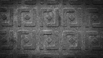 Steel sheet with pattern notches - gray vintage metal abstract dark, black and white, vignette background, texture close-up