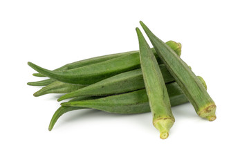 Raw Green Organic okra, Lady's fingers, Gombo, Gumbo, Bendee, Quimbamto (Abelmoschus esculentus) isolated on white background