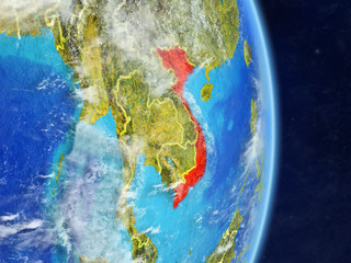 Vietnam on planet planet Earth with country borders. Extremely detailed planet surface and clouds.