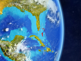 Bahamas on planet planet Earth with country borders. Extremely detailed planet surface and clouds.