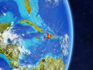 Haiti on planet planet Earth with country borders. Extremely detailed planet surface and clouds.