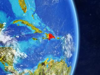 Dominican Republic on planet planet Earth with country borders. Extremely detailed planet surface and clouds.