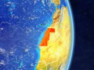 Western Sahara on planet planet Earth with country borders. Extremely detailed planet surface and clouds.