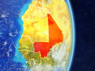 Mali on planet planet Earth with country borders. Extremely detailed planet surface and clouds.