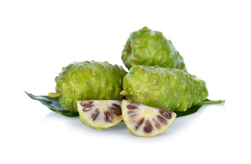 Noni with leaf on white background