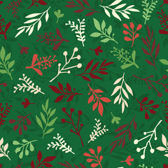 Fototapeta premium Seamless Christmas vector background with abstract leaves red, green, beige. Simple leaf texture, endless foliage pattern. Holiday background. Paper, pattern fill, web banner, fabric, invitation, card