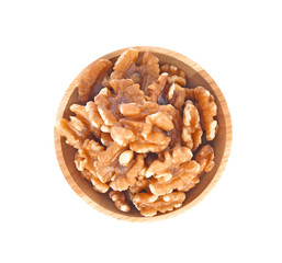 walnats in bowl wooden on white background