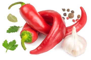 Pepper bitter and garlic on white background isolated