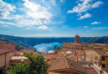 Nemi (Italy) - A nice little town in the metropolitan city of Rome, on the hill overlooking the Lake Nemi, a volcanic crater lake. - obrazy, fototapety, plakaty