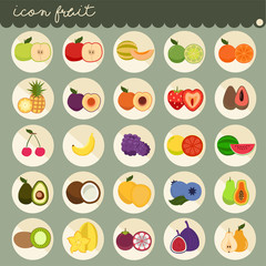 25 set Basic Flat design, colors of fruits vector collections, Set of fruits are apple, banana, orange, grapes, cherries, strawberry, lemon, Isolated on green background, part 1 - icons illustration.