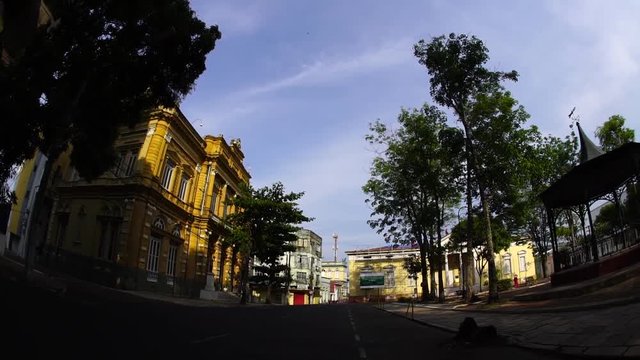 Panoramic view of the White River palace, part of Dom Pedro II square and facade of the Museum of Liberty in the background on 7 de Setembro avenue in Manaus