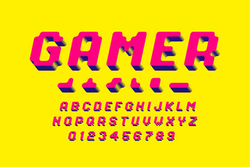 Gamer font, 3d stylized pixel style alphabet letters and numbers