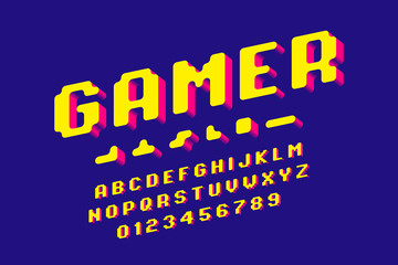 Gamer font, 3d stylized pixel style alphabet letters and numbers