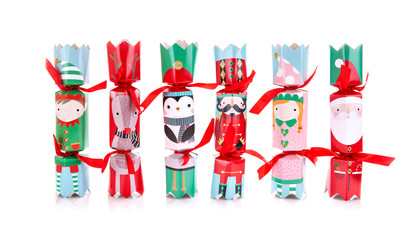 Selection of Christmas crackers on a white background