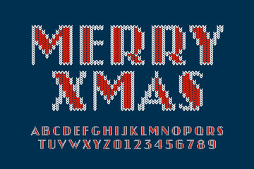 Knitted font, Christmas latin alphabet letters and numbers