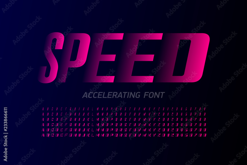 Fototapete speed style modern font, accelerating set of alphabet letters and numbers