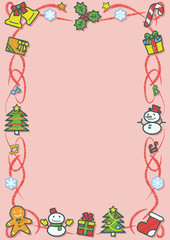 クリスマスのオブジェクト縦長長方形フレーム(手書風線画落書き風着色影あり)ピンク色背景
