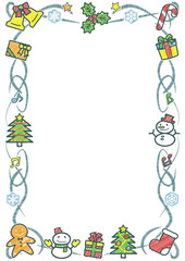 クリスマスのオブジェクト縦長長方形フレーム(手書風線画落書き風着色)白背景