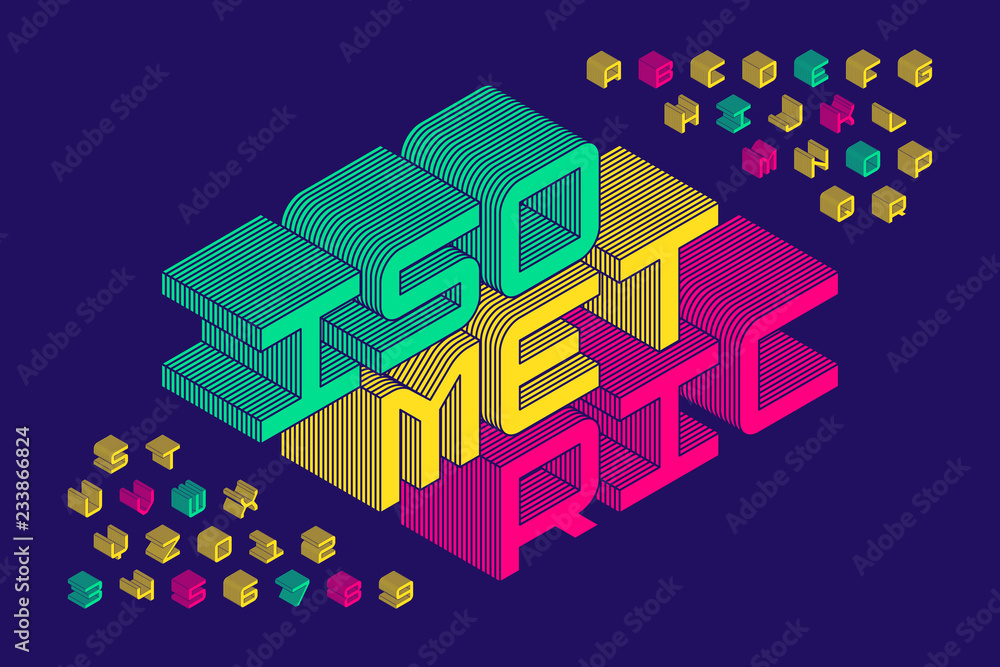 Poster isometric 3d font design, three-dimensional alphabet letters and numbers