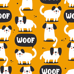 Happy dogs, hand drawn backdrop. Colorful seamless pattern with animals and text. Decorative cute wallpaper, good for printing. Overlapping background vector. Design illustration