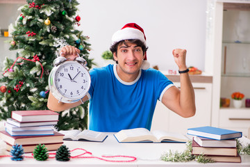 Young student with book at Christmas eve 