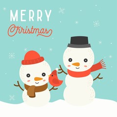 cute snowman christmas in winter theme with snowfall, editable line in snowman