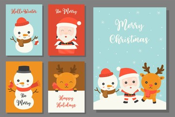 greeting card hand drawn doodle Christmas set with cute character in flat design
