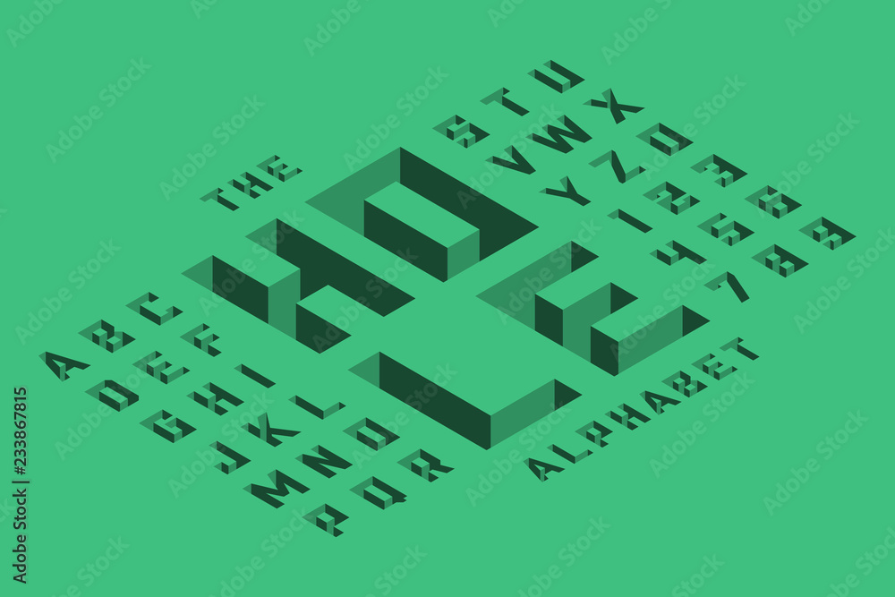 Poster isometric 3d font design, three-dimensional alphabet letters and numbers