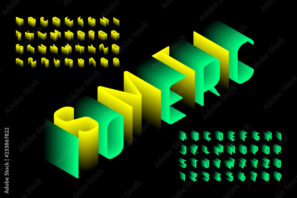 Poster isometric 3d font design, three-dimensional alphabet letters and numbers