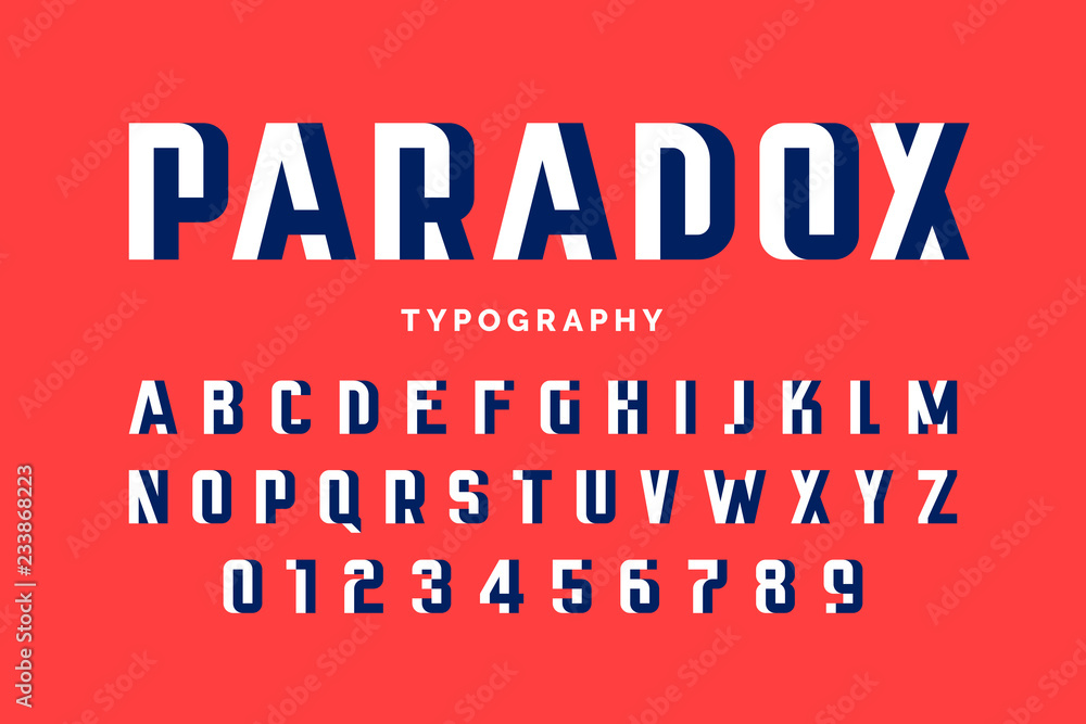 Poster impossible shape font design, alphabet letters and numbers